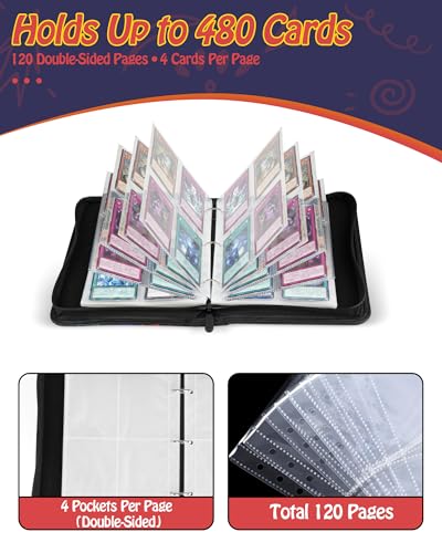 Best baseball card binder 4-Pocket holds 480 cards, 120 pages side-loading, PU leather zip waterproof cover, acid-free pages, for home storage & card shows, baseball cars binder, gift kids boys girls! - color: 4-Snow White