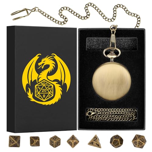 Mini DND Dice Set with Smooth Pocket Watch Shell Case, 7pcs Polyhedral Metal D&D Dice Set, D&D Gifts with Gift Box, Role Playing Board Games DND Accessories - color: Bronze