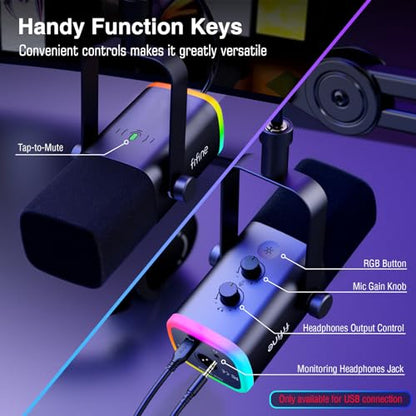 FIFINE XLR/USB Microphone and Heavy Duty Boom Arm Kit, PC Computer Gaming Streaming Mic with RGB Light, Mute Button, Headphones Jack, Microphone Arm Stand Bundle for Podcast Recording (AM8+BM63)
