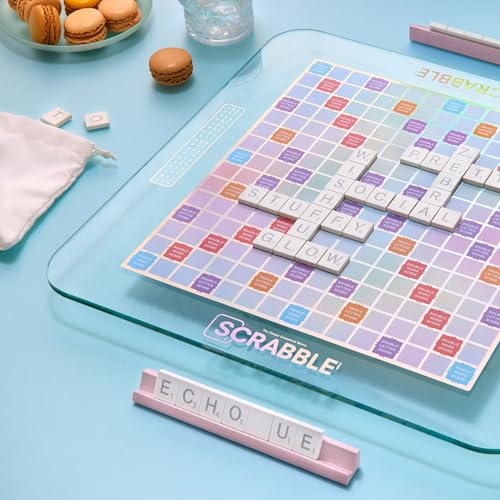WS Game Company Scrabble Aura Edition, Iridescent Rotating Tempered Glass Board, Non-slip Metallic Wood Letter Tiles, Luxe Tile Racks & Organizer Tray, Family Word Board Games for 2-4 Players, Ages 8+