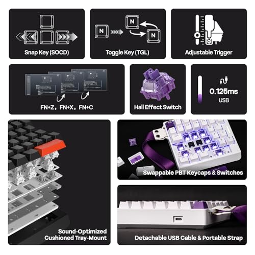 EPOMAKER HE30 One-Handed Hall Effect Keyboard, 8K Polling & 0.125ms | SOCD & Snap Key, Adjustable Trigger, PBT Keycap, RGB, Custom Software, Wired Gaming Keyboard for PC/Gamer (White Purple) - color: White Purple