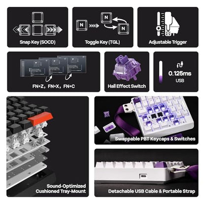 EPOMAKER HE30 One-Handed Hall Effect Keyboard, 8K Polling & 0.125ms | SOCD & Snap Key, Adjustable Trigger, PBT Keycap, RGB, Custom Software, Wired Gaming Keyboard for PC/Gamer (White Purple) - color: White Purple