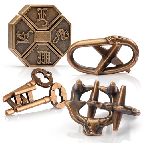 Fun Metal Brain Teaser Puzzle Games - 4 Pcs Adults Mind Travel 3D Toys -Teens IQ Insight Challenge - Logic Educational Gift（with Storage Case and Instructions） - color: A 4pcs News Set, size: Large Size