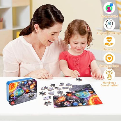 Puzzles for Kids Ages 4-6, 60 Piece Puzzles for Kids Ages 3-5 in Metal Box | Educational Space Jigsaw Puzzles Kids Puzzles,Childrens Puzzle Games Puzzle Toys for Girls and Boys - color: Space