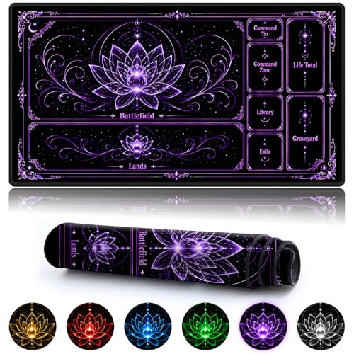 Playmat for MTG with Zones, 24 x 14 Inch Card Game Mat, Stitched Edges, Non Slip Rubber Base, 2mm Washable Play Mat with Storage Bag, Lotus Flower Design, Purple Color - color: Purple