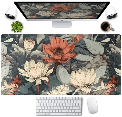 Vintage Floral Desk Mat XXL Large Gaming Mouse Pad Extended Desk Pad, Tropical Plants Laptop Keyboard Mouse Mat with Stitched Edges 31.5x15.75 in, Computer Mat Mousepad for desk Decor Office Gift - color: Vintage Floral