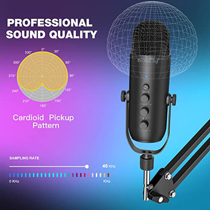 ZealSound Podcast Microphone with Boom Arm, USB Mic with Noise Reduction, Mute, Echo & Volume Control, Zero-Latency Monitoring, Compatible with PC Mac iPhone & Android, for Podcasting Gaming YouTube - color: Black