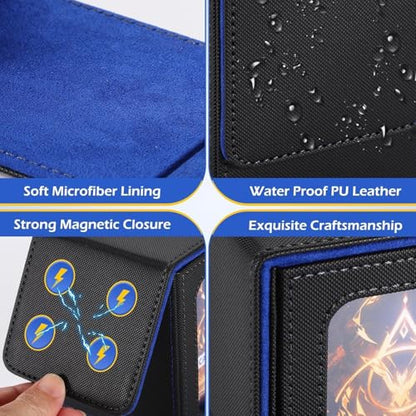 CMFYlive Card Deck Box with Commander Display, MTG Deck Box Fits 100+ Double Sleeved Cards, PU Leather Cards Storage Box TCG Card Storage Box with 2 Dividers and 1 Toploader (Black&Blue) - color: Blue 1