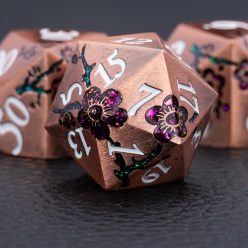 Glitter Purple DND Metal Dice, Flower DND Dice Set with Gift Case for Dungeons and Dragon,7PCS Solid Dice Tabletop Game (Antique Red Copper-Red) - color: Antique Red Copper-red