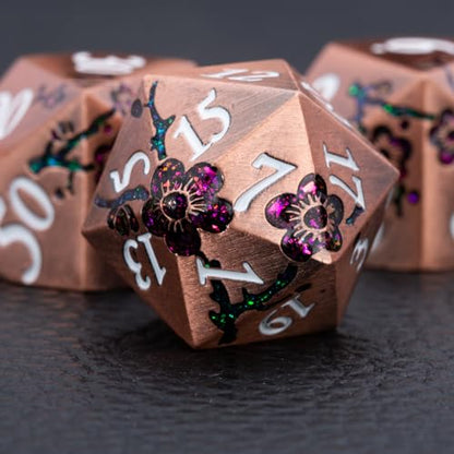 Glitter Purple DND Metal Dice, Flower DND Dice Set with Gift Case for Dungeons and Dragon,7PCS Solid Dice Tabletop Game (Antique Red Copper-Red) - color: Antique Red Copper-red
