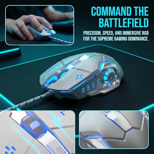 Gaming Mouse, 1600 DPI Wired Optical Mouse with 6 Programmable Buttons & Backlit Modes, Software Supports DIY Keybinds Rapid Fire Button Silver - color: Silver