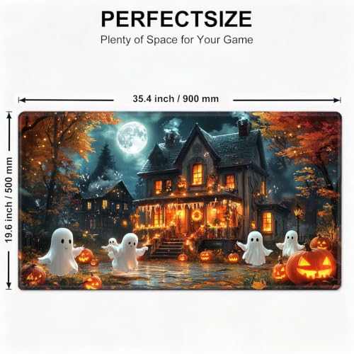 for MTG Playmat, Custom Trading Card Game Mat 35.4 x 19.7 in | Ghostly Pumpkin House Premium Non-Slip Rubber Base, Water-Resistant & Stitched Edges, Personalized High-Definition Art - color: Ghostly Pumpkin House, size: 35" x 20" Regular