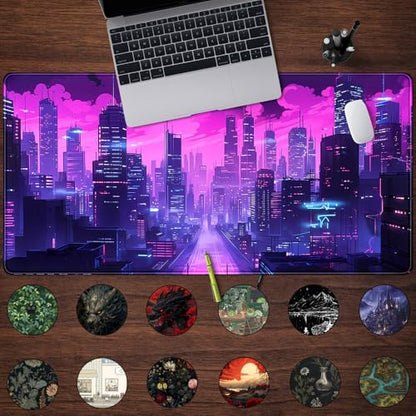 Cyberpunk Neon Purple City Gaming Desk Mouse Pad XL Pink Extended Mouse Pad Gaming, Keyboard Pc Office Laptop Mousepad Large, 31.5x15.8 in with Stitched Eges Non-Slip Base Mouse Pads - color: City Skyline