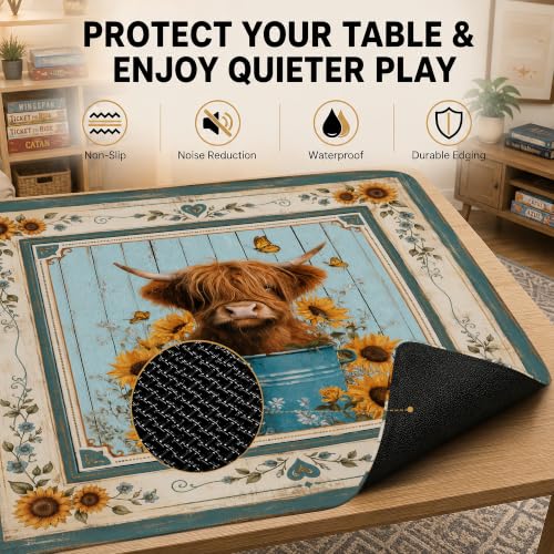 Mahjong Mat–31.5 x 31.5 Highland Cow Sunflower American Mahjong Table Mat, Non Slip Noise Mahjong Gaming Table Cover for Mahjong, Poker, Card, Board Tile Games - color: Highland Cow Sunflower