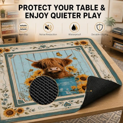 Mahjong Mat–31.5 x 31.5 Highland Cow Sunflower American Mahjong Table Mat, Non Slip Noise Mahjong Gaming Table Cover for Mahjong, Poker, Card, Board Tile Games - color: Highland Cow Sunflower