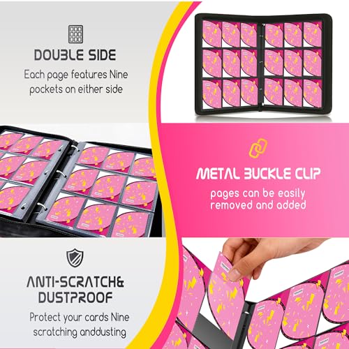 Trading Card Binder 9 Pocket,900 Pocket Card Collection Binder with 50 Removable Sleeves,PU Waterproof Top Card Book,3-Ring Zipper Collectible Trading Card Album for MTG/TCG/Card Holder Gift（Pink） - color: Pink, size: Large