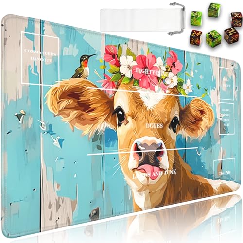 JVGFYNKL for MTG Playmat, 24 x 14 in for TCG Playmat with Zones,Trading Card Game Playmats with Storage Bag and 6 Dice, for MTG Table Mat Card Accessories, Cute Cow Pattern - color: JV-Playmat-5K-4-F141