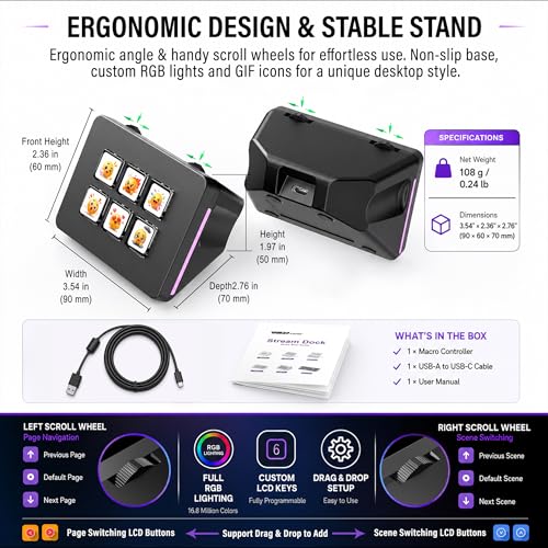 Mini Stream Controller Deck, Gaming Streaming Macro Pad Keypad, Shortcut Keyboard with 6 Programmable LCD Keys, Customizable Icons & RGB Light, USB Soundboard for Video Editing, OBS, PC, Mac - color: Black