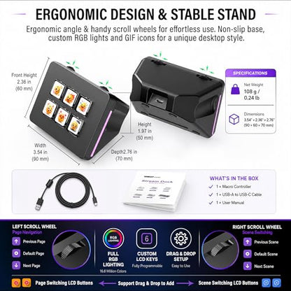 Mini Stream Controller Deck, Gaming Streaming Macro Pad Keypad, Shortcut Keyboard with 6 Programmable LCD Keys, Customizable Icons & RGB Light, USB Soundboard for Video Editing, OBS, PC, Mac - color: Black