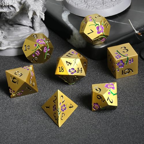 DNDND Metal Dice Set, 7 PCS Metallic Flowers DND Dice with Gorgeous Gift Case for D&D Dungeons and Dragon Tabletop Game (Purple Flowers with Gold) - color: Flower Gold Purple