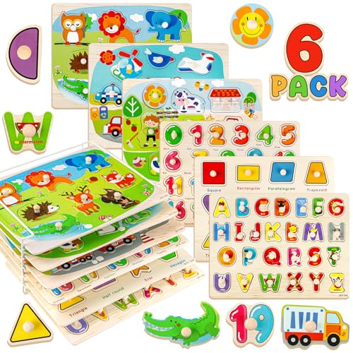 Attmu Wooden Puzzles for Toddlers, 6 Pcs Alphabet Puzzle ABC Shape Number Animal Farm Puzzle, Learning Toys for Kids, Preschool Educational Activities Toddler Gift Toys for Girls Boys Christmas Easter - size: 6 Pack