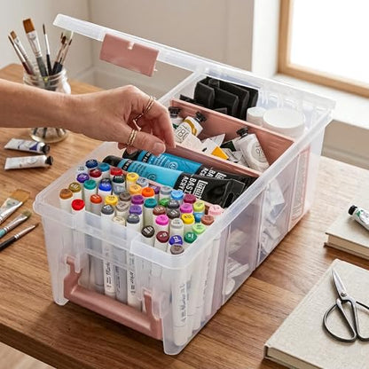 ArtBin Semi Satchel 휴대용 공예 정리함, 칸막이 3개 포함 - 미술 및 공예 용품을 위한 투명 플라스틱 보관 케이스 | 탈착식 칸막이 3개, 39.9 x 20.3 x 16.2cm(15.2 x 8 x 6.2인치), 안전한 걸쇠, 운반 손잡이, 투명하고 내구성 - color: 로즈 골드., size: Pack of 1