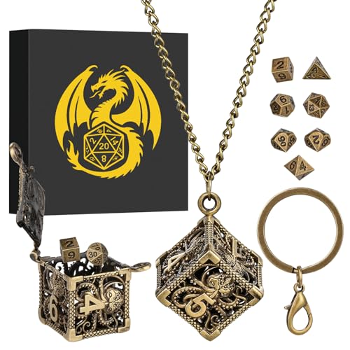 Keller & Weber Mini DND Dice Set with Hollow Six-Sided Octopus Metal Case Portable Keychain Necklace, Tiny 7pcs Polyhedral D&D Dice Set, DND Gifts with Gift Box, D&D Accessories for RPG, Bronze