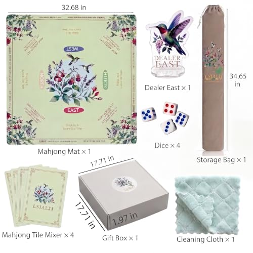 Green American Mahjong Mat Set with Carrying Bag and Gift Box for Home Game | Mahjong mat with rules, Hummingbird Floral, Natural Rubber Base, Noise Dampening Microfiber, Waterproof, Travel Ready - color: Green