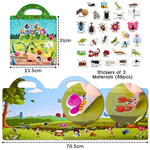 ASTARON Reusable Sticker Book for Toddlers, 88 Pcs Insect Stickers Road Trip Activities Car Airplane Activities Travel Toys for Kids, Kids Quiet Time Activities (2-6 Age) - style: Insects