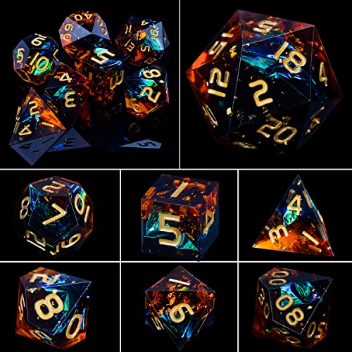 ARUOHHA DND Resin Dice Set 7Pcs Handmade Glitter Inclusions Sharp Edge Dragons Dice with Box, Role Playing Game RPG Lightning Polyhedral Dungeons D and D Dice Set - color: Orange Green