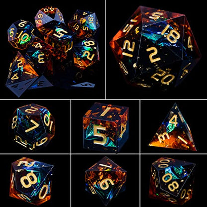 ARUOHHA DND Resin Dice Set 7Pcs Handmade Glitter Inclusions Sharp Edge Dragons Dice with Box, Role Playing Game RPG Lightning Polyhedral Dungeons D and D Dice Set - color: Orange Green