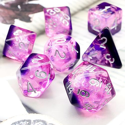 Haxtec DND Dice Set Purple Resin Polyhedral Dice with Dice Bag, Iridecent Mylar Inclusion D and D Dice for D&D Dungeons and Dragons TTRPG Gifts - color: Purple
