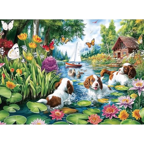 300 Piece Puzzles for Adults&Kids Large Piece, Summer Elderly Jigsaw Puzzles 300 Pieces – Dog Water Fun, Unique Artwork Perfection Game, Family Entertainment & Gift for Seniors(20.5" x 15") - color: Pond Puppy