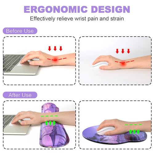 Ergonomic Mouse Pad with Wrist Rest and Keyboard Wrist Rest, Mousepad and Keyboard Pad, Non-Slip Rubber Base, Pain Relief, Mouse Pad Wrist Support for Gaming, Computer, Office, Home, Purple Beach - color: Purple Twilight