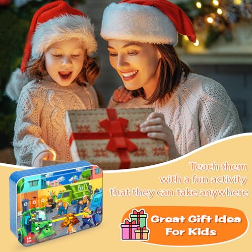 LELEMON Ocean Puzzles for Kids Ages 4-6,Recycling Garbage Truck 60 Piece Puzzles for Kids Ages 4-8,Children Jigsaw Puzzles in a Metal Box,Educational Learning Puzzle Toys for Girls and Boys - color: Recycling Garbage Truck
