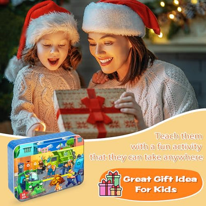LELEMON Ocean Puzzles for Kids Ages 4-6,Recycling Garbage Truck 60 Piece Puzzles for Kids Ages 4-8,Children Jigsaw Puzzles in a Metal Box,Educational Learning Puzzle Toys for Girls and Boys - color: Recycling Garbage Truck