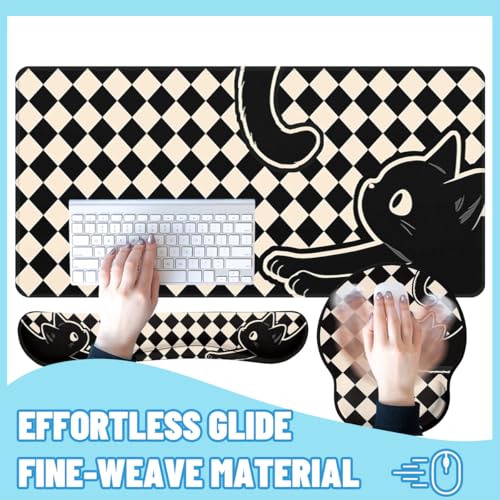 Black Cat Desk Mat Set Minimal Checkerboard Large Mouse Pad with Wrist Rest 4-in-1 Desk Mat for Desktop Ergonomic Computer Desk Arm Wrist Anti-Slip Computer Ergonomic Mouse Pad Home Office Gaming - color: Minimal Black Cat, size: 34.5" x 15.7"