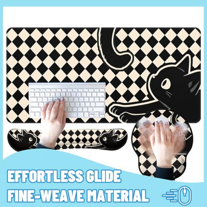 Black Cat Desk Mat Set Minimal Checkerboard Large Mouse Pad with Wrist Rest 4-in-1 Desk Mat for Desktop Ergonomic Computer Desk Arm Wrist Anti-Slip Computer Ergonomic Mouse Pad Home Office Gaming - color: Minimal Black Cat, size: 34.5" x 15.7"