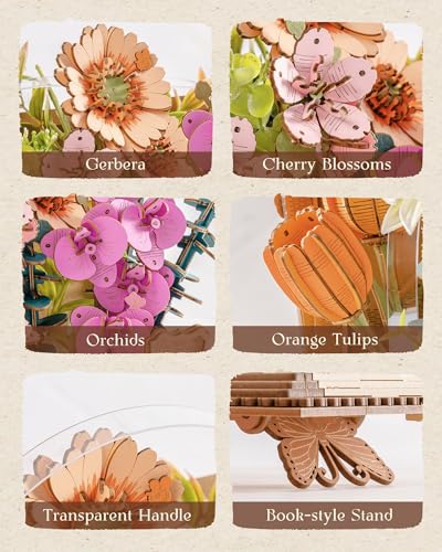 Rowood 3D Puzzle,Mothers Day DIY Wooden Flower Craft Kits for Adults,Botanical Collection Home Decor, Valentine's Day/Christmas/Birthday Gift-Wooden Blooming Book