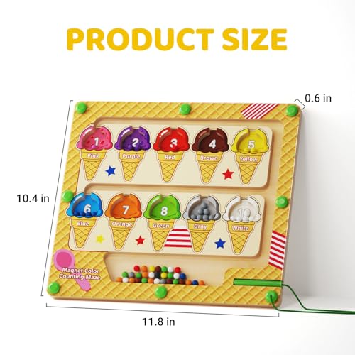 zhiwuzhu Magnetic Color and Number Maze，Wooden Matching Learning Counting Board for Toddler Ages 2-4，Preschool Learning Activities Toys，Toddler Fine Motor Skills Toys for Boys Girls - style: Ice Cream