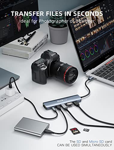 dockteck 7-in-1 USB C Hub with 4K 60Hz HDMI, 1Gbps Ethernet, 100W Power Delivery, SD/TF Card Slots, USB 3.0 Data Ports for MacBook, iPad Pro, XPS - style: Pro series