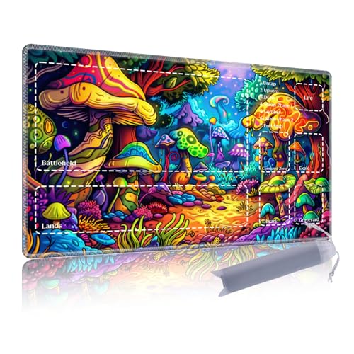 Premium CCG Playmat with 6 Gaming Zones | 28x16 Non-Slip Rubber Surface MTG Mat | Black Play Card Storage Pouch for TCG Playmat | Colorful Mushroom - color: Colorful Mushroom, size: 15.7*27.6 in