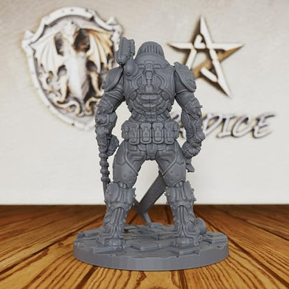 AUSPDICE 32mm Sci-Fi Unpainted Miniature, Power Armor Soldier, AS324 | Heroic Human Combat Figure with Full Helmet and Sword for Tabletop RPG Gaming, Miniature Games, TTRPGs and RPG Accessories