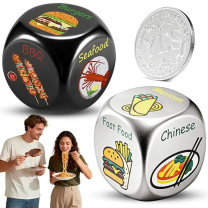 Food Dice - Aluminum Alloy Food Decision Dice and Coin Set, Colorful Date Night Food Decision Dice，Anniversary Birthday Wedding Funny Gifts