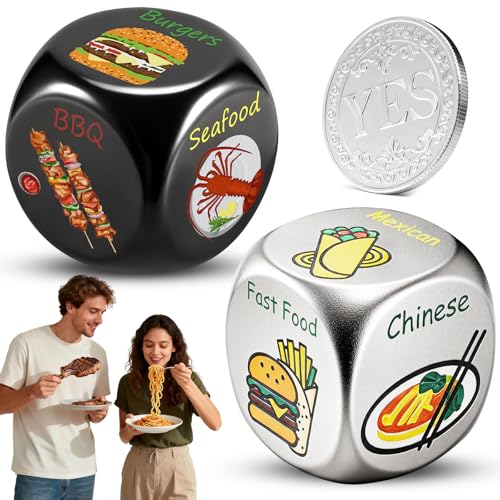 Food Dice - Aluminum Alloy Food Decision Dice and Coin Set, Colorful Date Night Food Decision Dice，Anniversary Birthday Wedding Funny Gifts