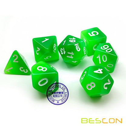 Bescon Gradient Glowing Polyhedral Dice 7pcs Set Forest Light, Gradual Luminous RPG Dice Set Glow in Dark, Novelty DND Game Dice d4 d6 d8 d10 d12 d20 d% in Brick Box - color: Forest Light
