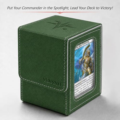 MTG Deck Box with Commander Display Window (Green&Grey, 1 window) | Holds 120 Single/100 Double-Sleeved Cards, Fit MTG/PTCG/OPTCG Cards, Strong Magnet, PU Leather, With 2 Dividers & 1 Toploader - color: Green and Grey