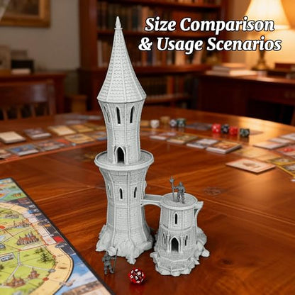 DND Terrain RPG TTRPG Buildings - 25mm Scale Unpainted Gothic Wizard Tower with Bridge & Lookout Scenery, Stone Map Props for Dungeons and Dragons & Wargame - City Building 5 (AF1104 K) - color: Af1104 K City Building 5