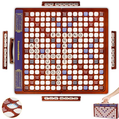 Crossword Game with Rotating Wooden Board, Foldable Board into Portable Carry Case, Luxury Edition Word Building Game with 100 Letter Tiles, Educational Family Board Game for 2-4 Players - color: Grooved-brown