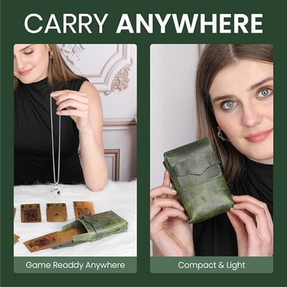 Leather Playing Card Case – Full Grain Leather Deck Holder for Poker Cards, Travel Card Deck Box Organizer with Strap Closure for Poker, Bridge, Magicians & Game Night - color: Green